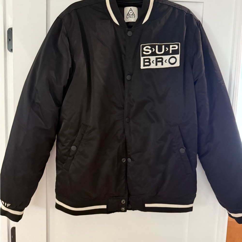 UNIF Black Varsity Jacket with White Accents